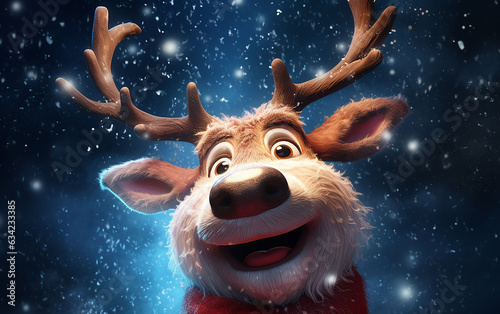 A merry New Year or Christmas atmosphere, where a detailed and joyous Santa deer is illustrated up close, embraced by softly falling snowflakes. © Liana