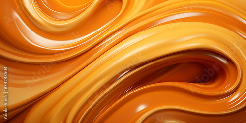 The background is a sensory delight with its glossy, delectable caramel texture.