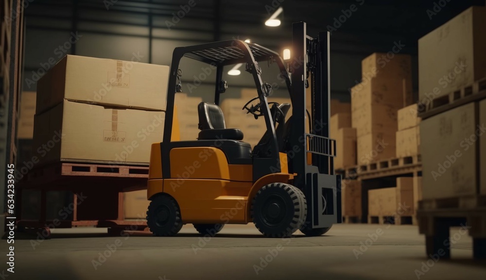 Forklift loads pallets and boxes in warehouse UHD 8k Generative Ai