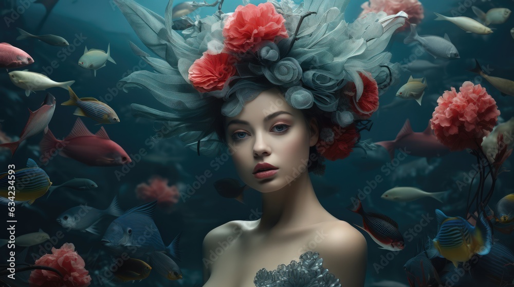 Ethereal Beauty Underwater: A Woman in Aquarium Surrounded by Fish, Perfect for Mermaid Themes, Water Fairies, and Promoting Ocean Conservation - Generative AI Ethereal Beauty Underwater: A Woman in Aquarium Surrounded by Fish, Perfect for Mermaid Themes, Water Fairies, and Promoting Ocean Conservation - Generative AI