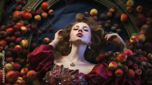 Elegance and Desire: A Stunning Woman in Red Surrounded by Apples, Perfect for Red Sophisticated Photo for High-End Fashion, Luxury Cosmetics, and Elegant Jewelry Commercials - Generative AI