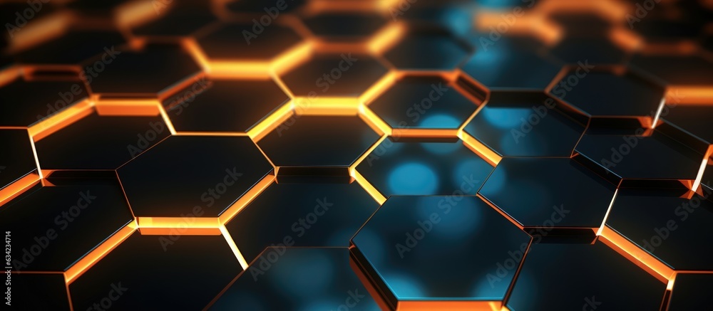 Hex Honeycomb Geometry: Seamless Arrangement of 3D Hexagonal Plates with Bright Yellow Edges - Generative AI Hex Honeycomb Geometry: Seamless Arrangement of 3D Hexagonal Plates with Bright Yellow Edges - Generative AI