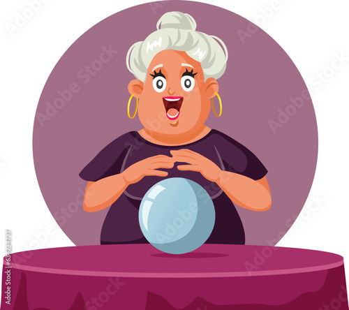 Funny Fortune Teller Woman with Magic Crystal Ball Vector Cartoon. Cheerful lady predicting a bright optimistic future 
