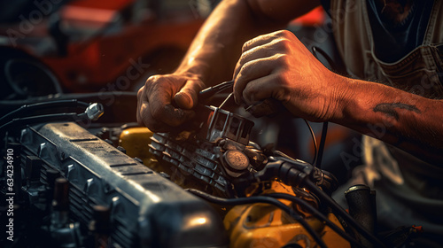 An expert technician, wearing gloves, meticulously opens a used Lithium-ion car battery for repair, with an EV car in the background, all captured in selective focus.