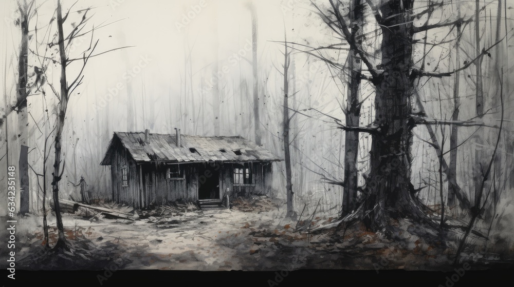 Obraz premium Abandoned shack in the woods. Very eerie scene. Black and white sketch