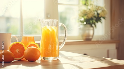 Orange juice in a pitcher glass on a bright kitchen table in the morning