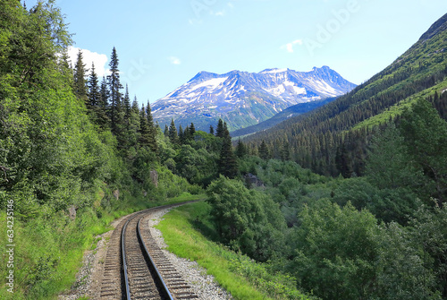 Beautiful mountain range and scenic views along the Alaska railway train passage to Canada.