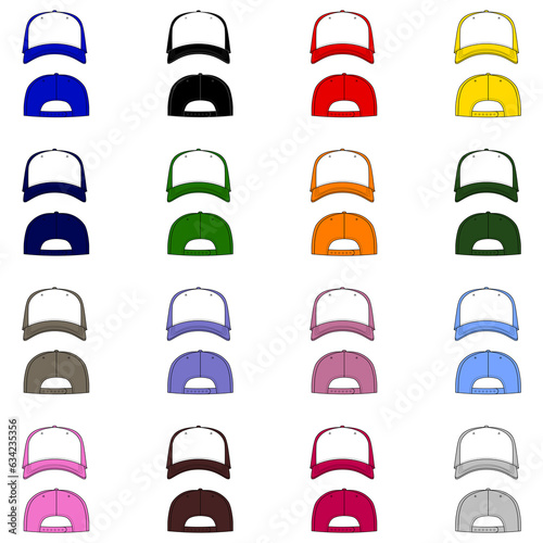 Baseball Hat and Trucker Hat Template front and back in multiple colors