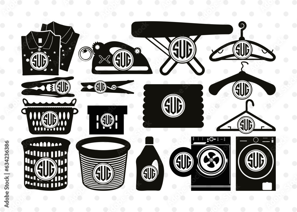 Washing Laundry Circle Monogram, Washing Laundry Silhouette, Washing