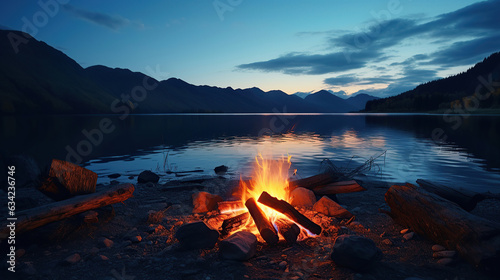 A campfire amidst the tranquility of a lake valley's backdrop.