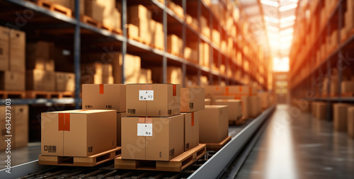 Brown boxes neatly lined up on a conveyor belt, contrasting with the surrounding boxes in a brightly lit warehouse. © maniacvector