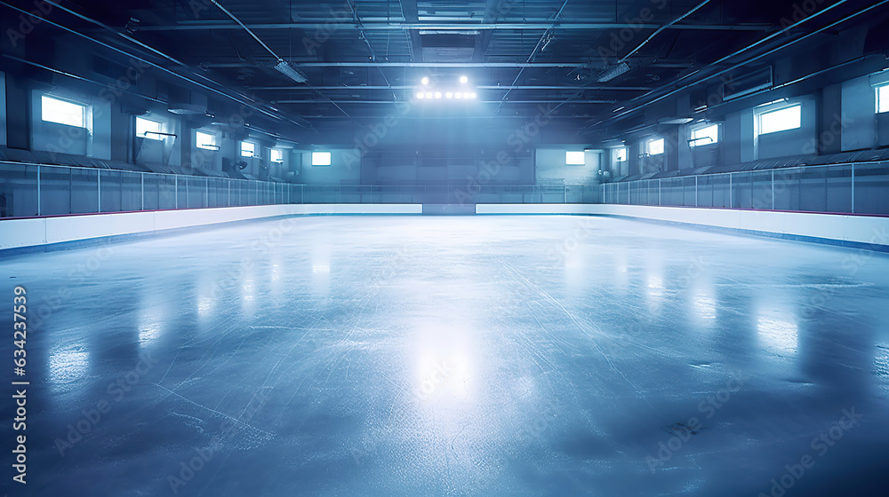 A beautiful empty winter background and an empty ice rink with lights.