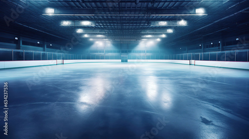 A beautiful empty winter background and an empty ice rink with lights.