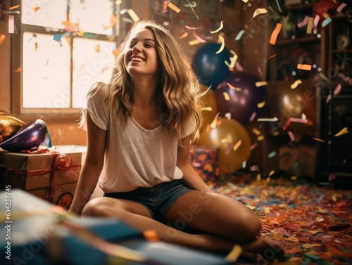 suprise woman birthday celebration with balloons and birthday cake