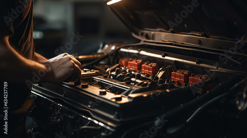Selective focus captures the gloved hands of a skilled technician, as they open a used Lithium-ion car battery for repair, with an EV car visible in the background.