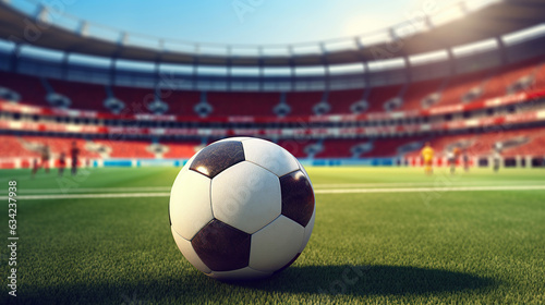 A classic soccer ball resting on the field. © maniacvector