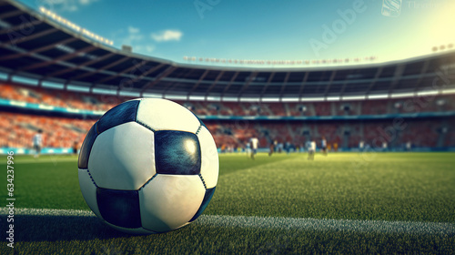 A classic soccer ball resting on the field. © maniacvector