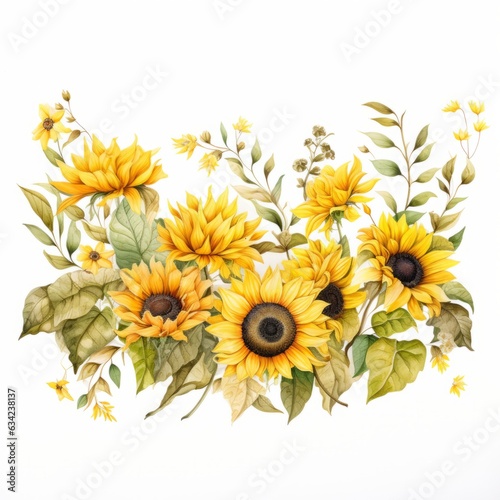Watercolor illustration of sunflowers. Watercolor floral. Botanical Drawing. White background.