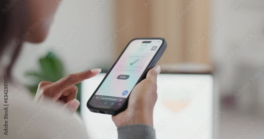 Hands, phone and scroll with online shopping, food and choice for deal, promo or sale for lunch in workplace. Woman, smartphone and click for e commerce, restaurant app or sushi menu on web in office