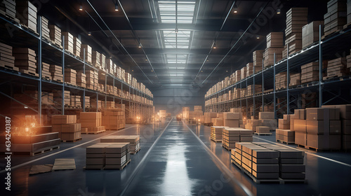 A massive industrial warehouse boasting tall racks, while the foreground is abundant with cardboard boxes. © maniacvector