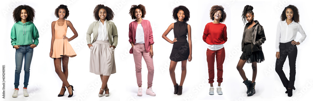 Obraz premium Group of full body black teenage girls, standing, in different ages, sizes, poses, expressions, hairstyles, clothing, separately isolated on a white background.