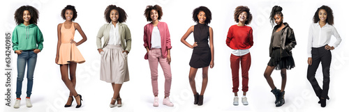 Group of full body black teenage girls, standing, in different ages, sizes, poses, expressions, hairstyles, clothing, separately isolated on a white background.
