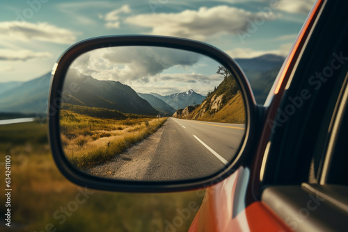 a zoomed or close-up image of a car front mirror with a beautiful view of beautiful Landscapes. hit the road concept © Dinusha