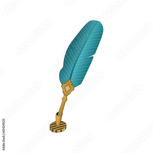 Feather pen icon in color fill vector style. Design element of International Literacy Day. Luxury fountain pen with blue feather and gold pen color. Editable graphic resources for many purposes.