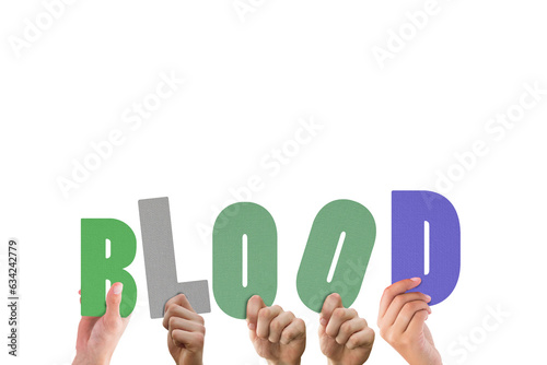 Digital png illustration of dive4rse hands holding blood text letters on transparent background photo