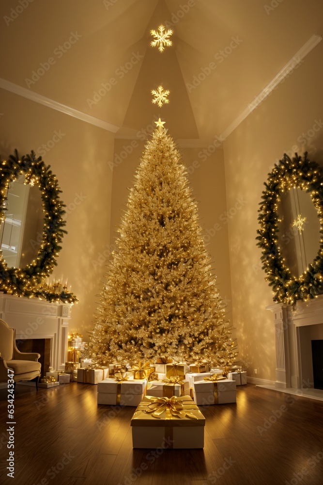 Golden Christmas tree with bright lights wallpaper banner xmas 