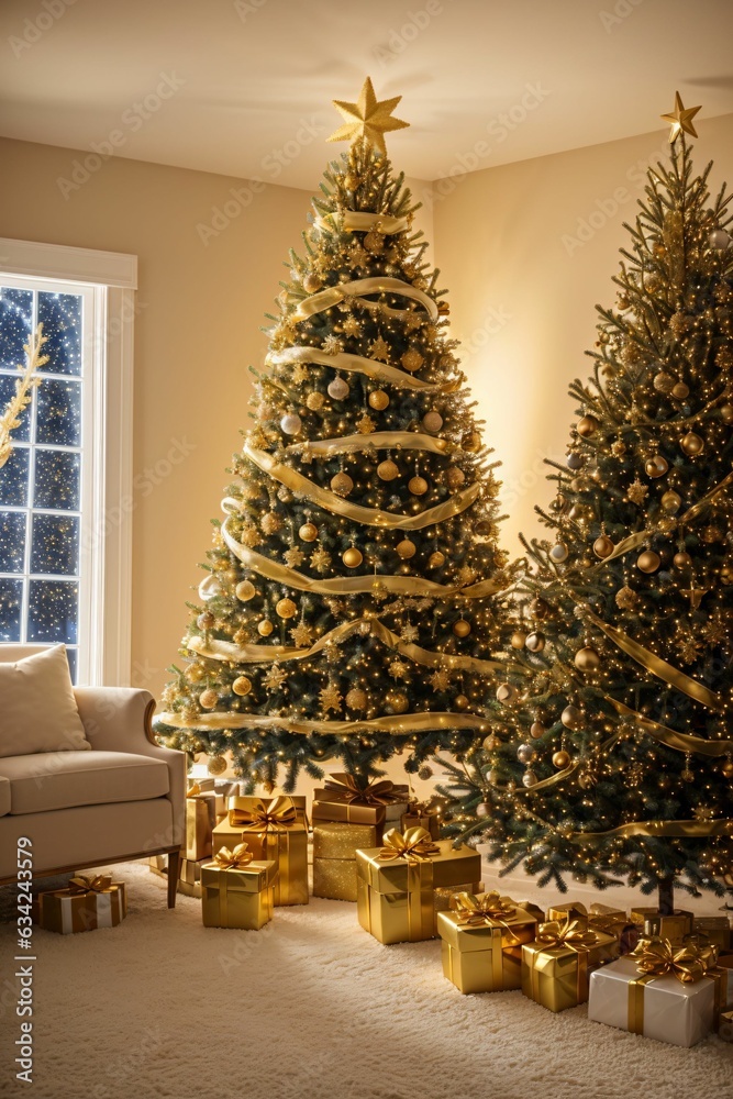 Fototapeta premium Golden Christmas tree with bright lights wallpaper banner xmas Ai Generated