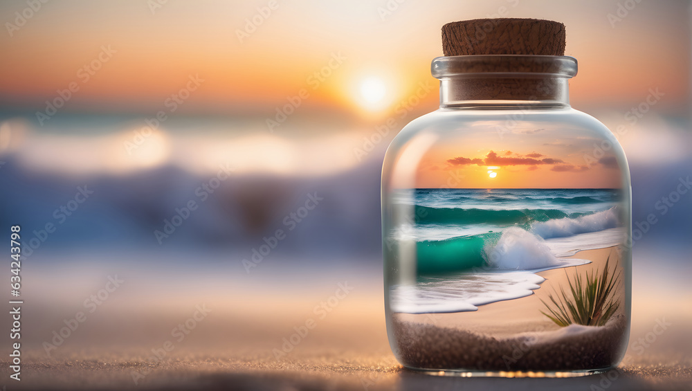 Beautiful tropical beach landscape inside a glass bottle on beach generative AI Beautiful tropical beach landscape inside a glass bottle on beach generative AI
