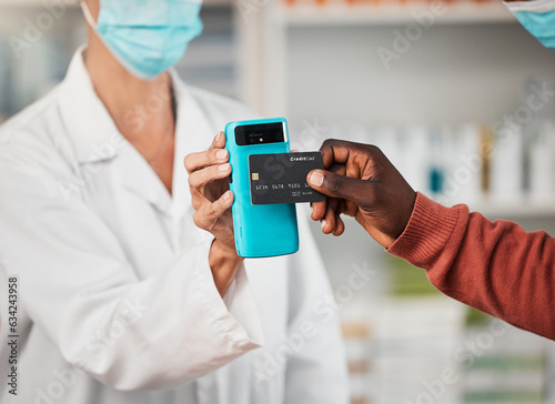 Pharmacy, hands and credit card with pos, customer and face mask for safety with commerce for healthcare. Payment tap, machine and banking in store for medical product, budget or sales for wellness