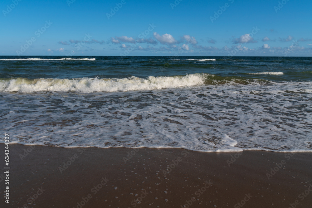 Fototapeta premium View of the incoming wave on the Baltic Sea on the shore of the Curonian Spit on a summer day, Kaliningrad region, Russia