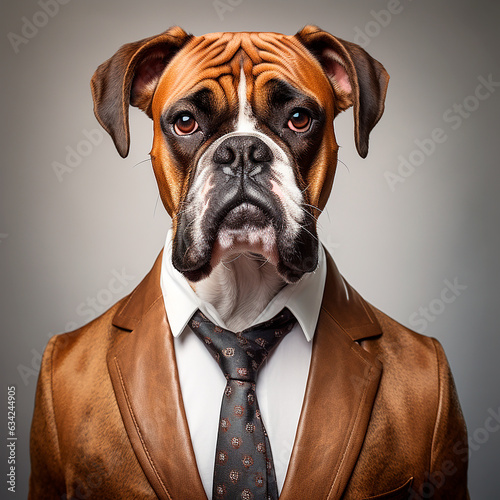 Boxer wearing a suit. Hyperealistic anthropomorphic animal portrait. AI rendered image. photo