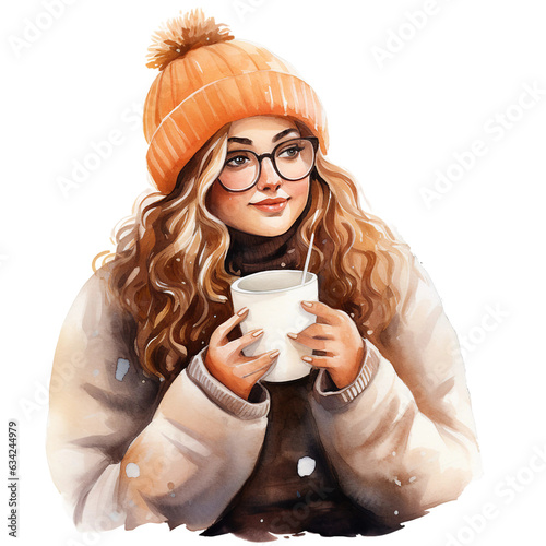 plus size woman wear slouchy hat holding coffee cup watercolor cozy autumn fall fashion illustration clipart isolated photo