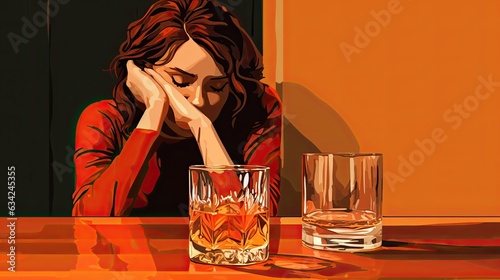 Woman sitting at a bar, concept of alcoholism/alcohol addiction