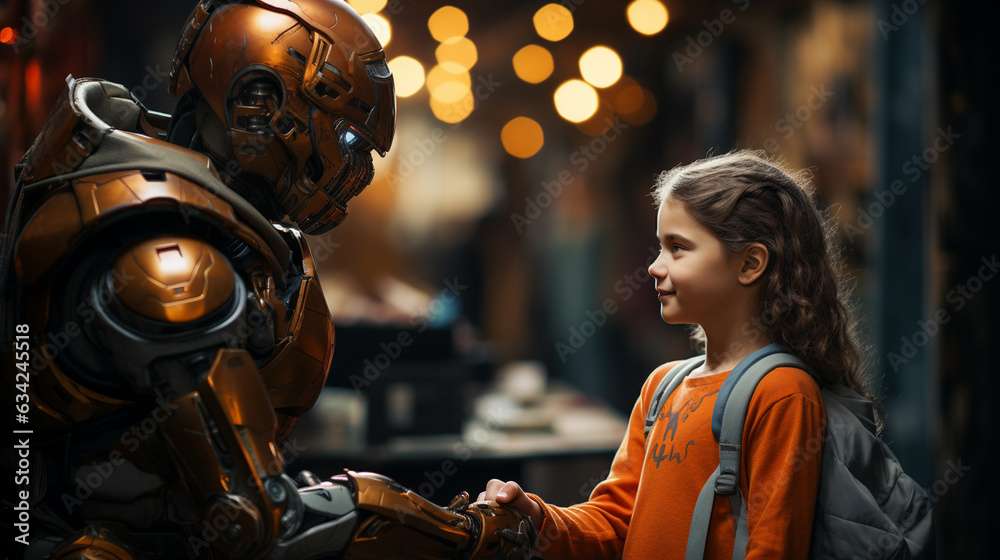 Girl shaking hands with a robot. Generative Ai Girl shaking hands with a robot. Generative Ai