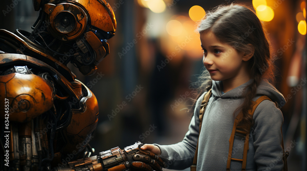 Girl shaking hands with a robot. Generative Ai Girl shaking hands with a robot. Generative Ai