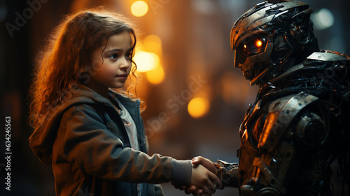 Girl shaking hands with a robot. Generative Ai