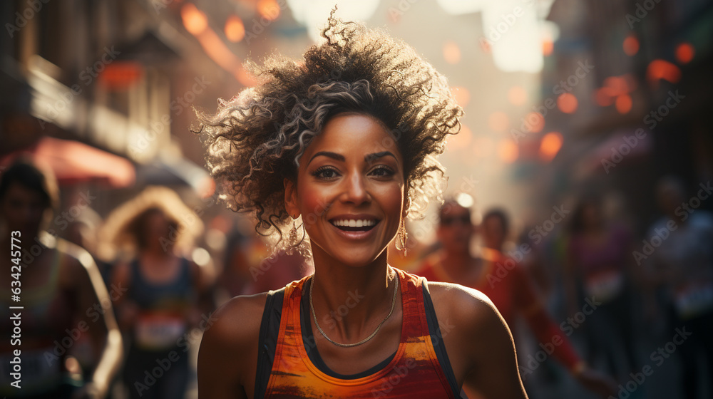Woman running marathon. Generative Ai