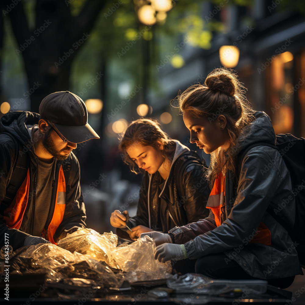 Volunteers clean up litter outdoors. Generative Ai