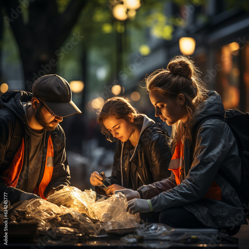 Volunteers clean up litter outdoors. Generative Ai © andranik123
