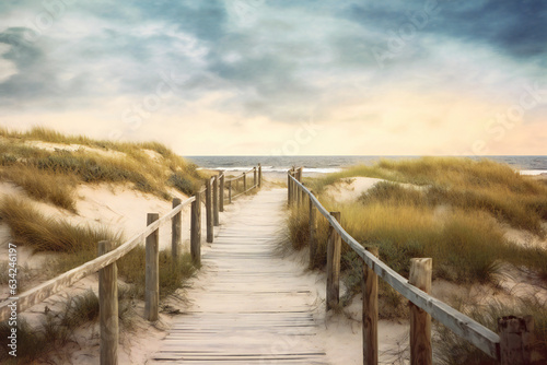 A path to the beach with old wooden fences and sand dunes