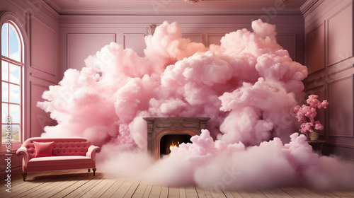Cloud floating in a pink room. Generative Ai