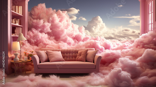 Cloud floating in a pink room. Generative Ai