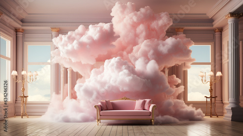 Cloud floating in a pink room. Generative Ai
