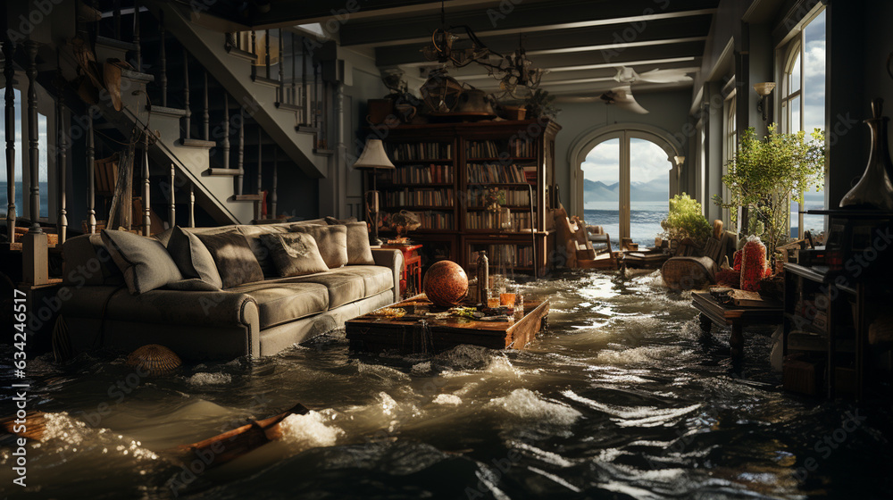 Obraz premium Flooded house with rooms full of water. Generative Ai