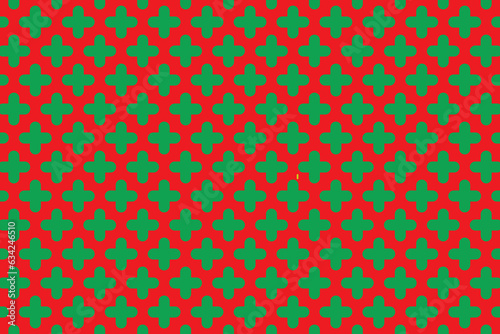Abstract big green repeating plus + sign seamless pattern. Cross symbol geometric icons mosaic grid on red background vector illustration. photo