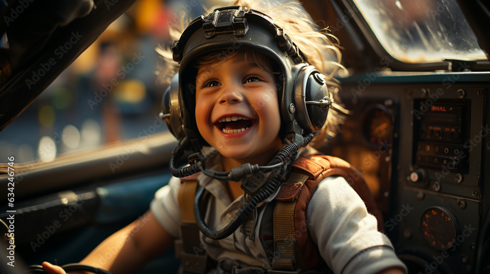 Happy and joyful looking kid in a airliner. Generative Ai Happy and joyful looking kid in a airliner. Generative Ai
